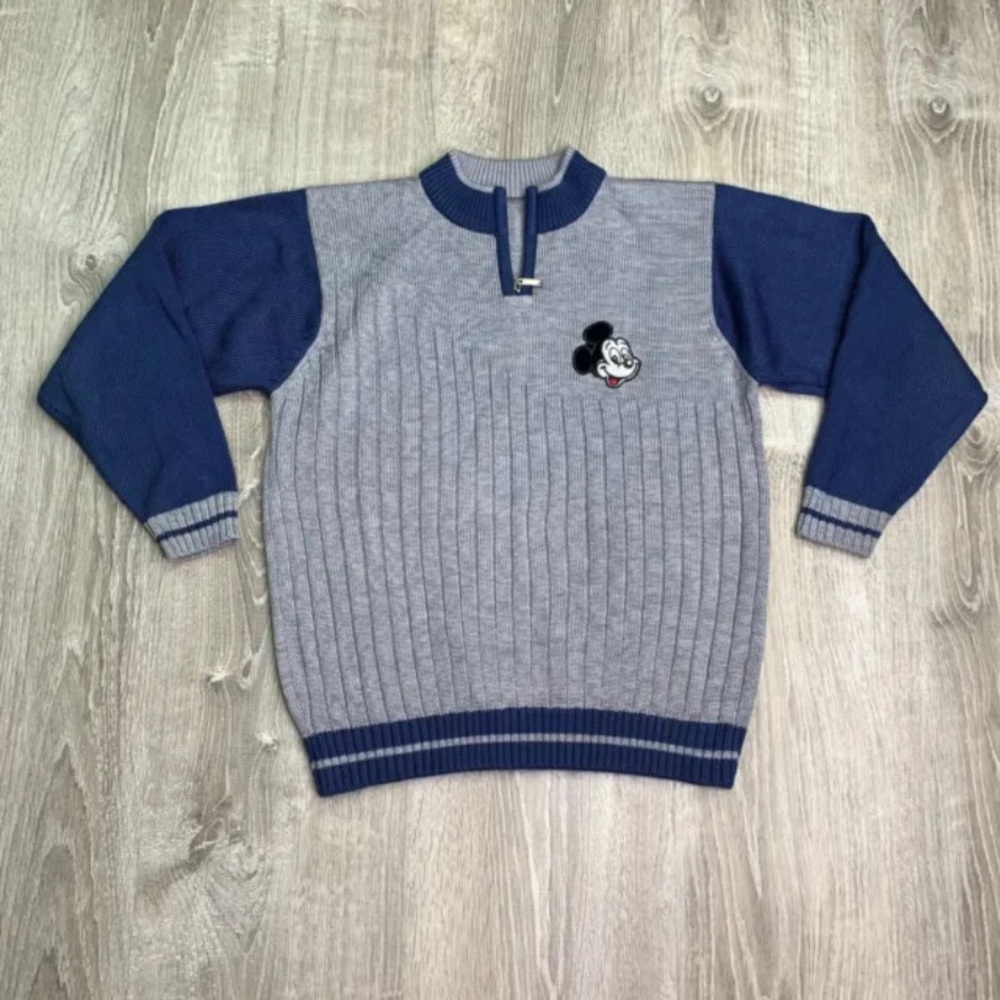 Vintage Mickey Mouse Boys Knit Pull Over Cardigan Sweater Blue Grey Size…